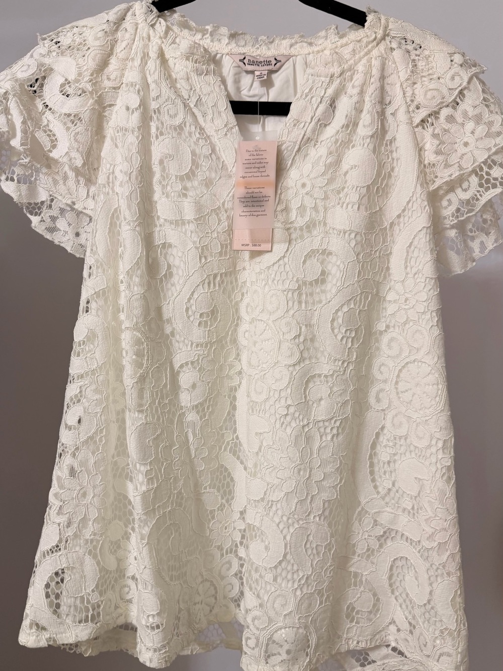 Nanette Lepore White Floral Lace Flutter Sleeve Top